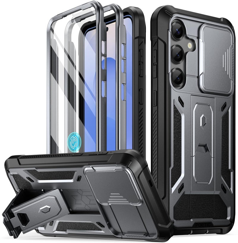 Poetic Spartan Case for Galaxy S25 6.2", [Slide Camera Cover] [Screen Protector Works with Fingerprint ID] Military Grade Rugged Shockproof S25 Phone Case with Kickstand, Metallic Gun Metal - Image 1