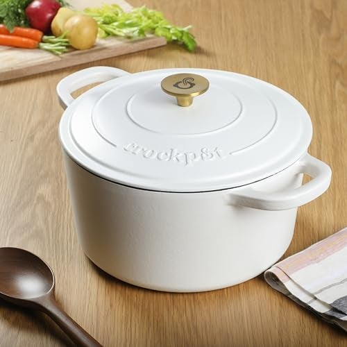 Crock-Pot Artisan 7-Quart Round Dutch Oven – Matte Linen White with Gold Knob, Enameled Cast Iron Cookware - Image 4