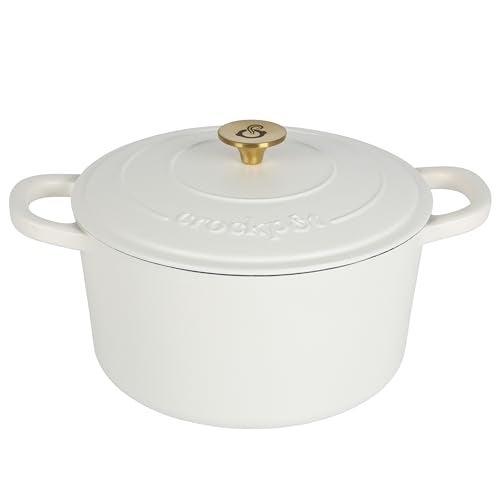 Crock-Pot Artisan 7-Quart Round Dutch Oven – Matte Linen White with Gold Knob, Enameled Cast Iron Cookware - Image 1