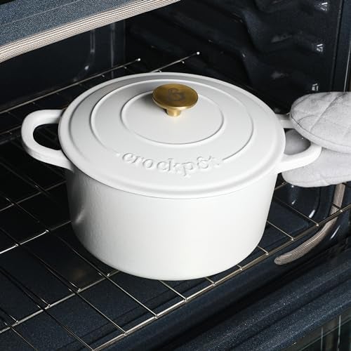 Crock-Pot Artisan 7-Quart Round Dutch Oven – Matte Linen White with Gold Knob, Enameled Cast Iron Cookware - Image 3