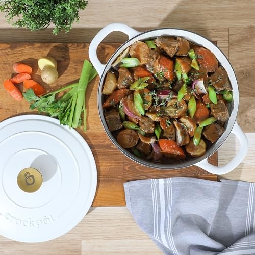 Crock-Pot Artisan 7-Quart Round Dutch Oven – Matte Linen White with Gold Knob, Enameled Cast Iron Cookware - Image 2