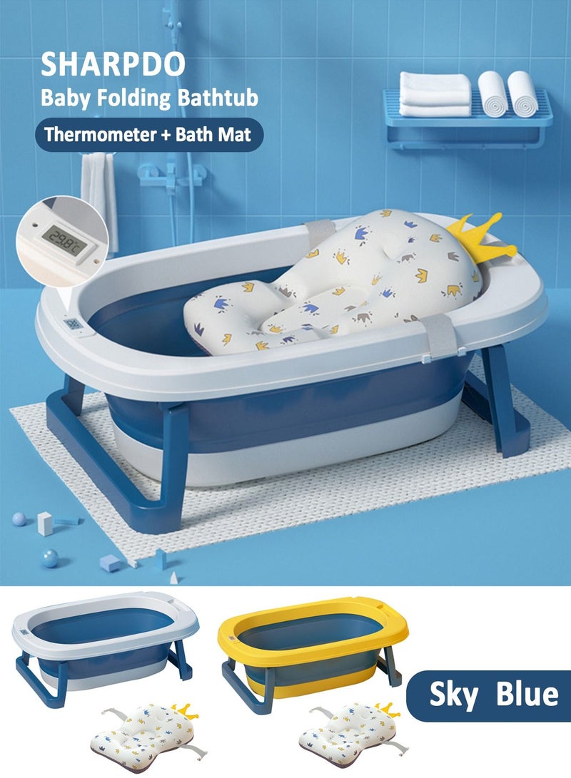 Foldable Baby Bathtub With Thermometer Bath Cushion Pillow Portable Safe Collapsible For Children Temperature Sensing Multifunction Shower Basin Blue - Image 1