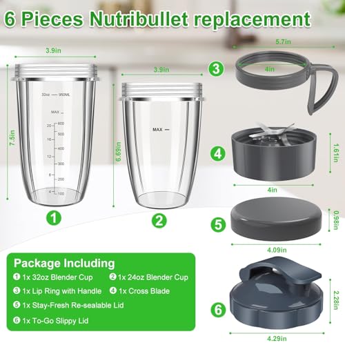 UBYNID Nutribullet Blender Cups & Blade Replacement Set, 32oz & 24oz Nutribullet cups with Lid To-Go Lid and Lip Ring, Replacement Cups for Nutri Bullet Blenders 600w & Pro 900w Accessories 6 PCS - Image 2