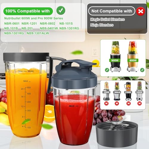 UBYNID Nutribullet Blender Cups & Blade Replacement Set, 32oz & 24oz Nutribullet cups with Lid To-Go Lid and Lip Ring, Replacement Cups for Nutri Bullet Blenders 600w & Pro 900w Accessories 6 PCS - Image 3