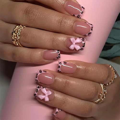 BSBTBZ 24Pcs Leopard French Tip Press on Nails Short Square Fake Nails Pink Glossy Bow Designs Full Cover Nude Glue on Nails Cute False Nail Stick on Nail for Women Girls Medium Manicure Decorations - Image 1
