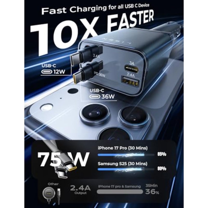 Retractable Car Charger USB C [Upgraded Dual Type C] 75W Fast 4 in 1 Car Charger for iPhone 17, Road Trip Essentials Gifts for Men Women, Car Accessories for Galaxy S26 Phone 17e 16 15 Pro Max - Image 3