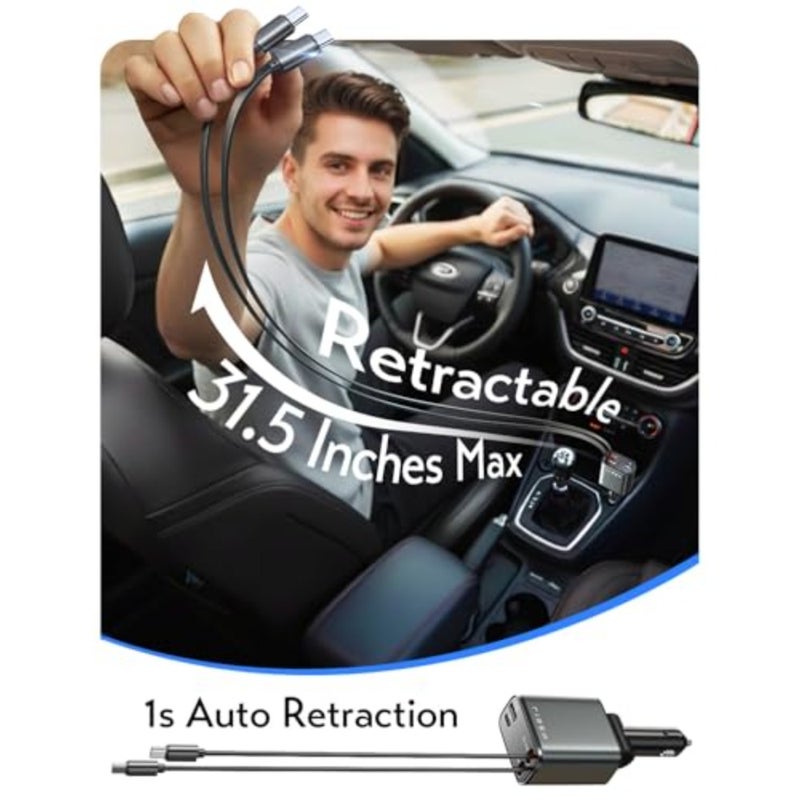 Retractable Car Charger USB C [Upgraded Dual Type C] 75W Fast 4 in 1 Car Charger for iPhone 17, Road Trip Essentials Gifts for Men Women, Car Accessories for Galaxy S26 Phone 17e 16 15 Pro Max - Image 4