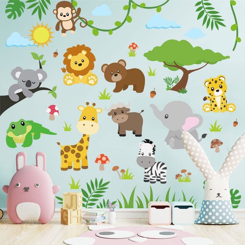 Supzone Jungle Wall Stickers  Forest Animal Tree Wall Decals with Monkey Elephant Giraffe  Cartoon Animal Wall Sticker for Kids Baby Nursery Playroom Bedroom Classroom Kindergarten Wall Decor