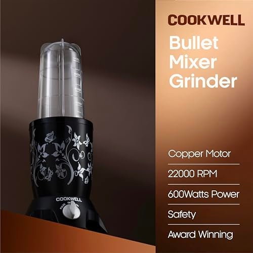 Cookwell Bullet Mixer Grinder (3 Jar, 2 Blade, Black) - Copper, 600 Watts - 2 Year Warranty - Image 2