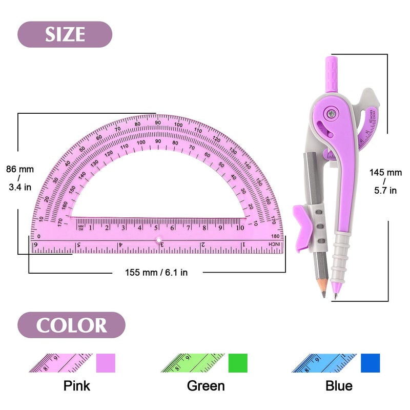ZZTX Compass and Protractor Set for Geometry, 180-Degree Protractor and Compass for Students, Math Drawing Tools, 3 Colors - Image 2