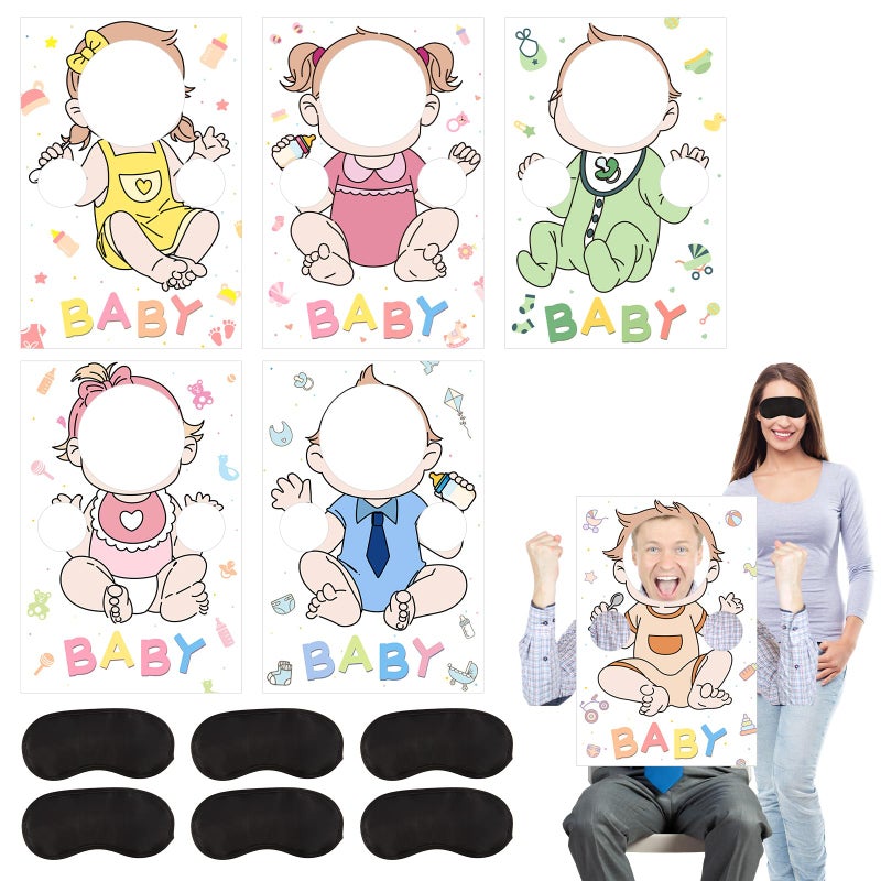 OBUSATT 6 Set Blindfolded Baby Shower Games Kit Feed Me Baby Shower Games Fun Gender Reveal Game Funny Bridal Party Activities Includes 6 Game Boards 6 Blindfolds for Gender Reveal Party Favor Supplies - Image 1