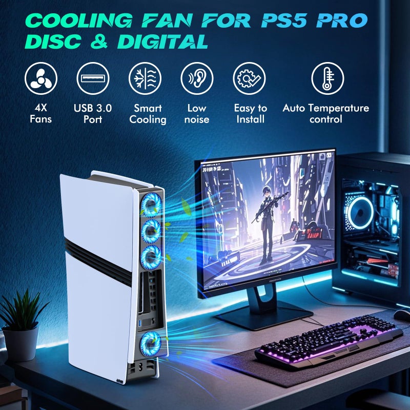 KEPLUG Ps5 Pro 4 Cooling Fans,Ps5 Pro Accessories Fans with USB 3.0,Efficient Quiet Cooler Fan with Adjustable Speed,Cooling Fan for PlayStation5 Pro Temperature-Controlled - Image 2
