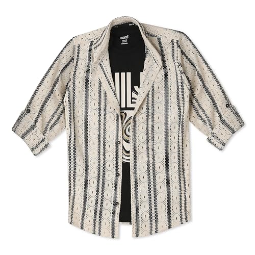 CAVIO Boys Cotton Knited Full Sleeves Striped Shirt with T-Shirt Cream - Image 1
