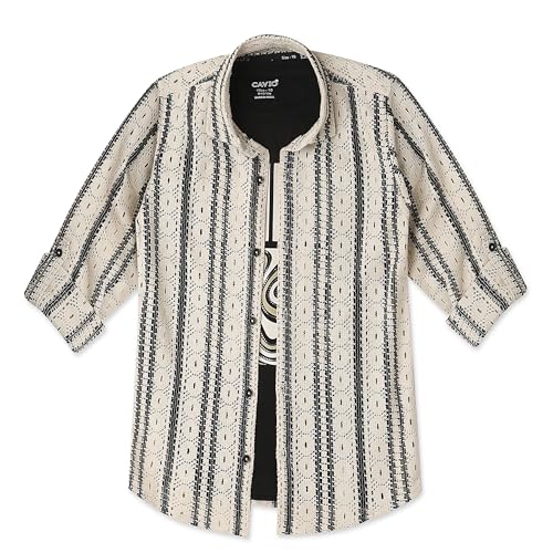 CAVIO Boys Cotton Knited Full Sleeves Striped Shirt with T-Shirt Cream - Image 3