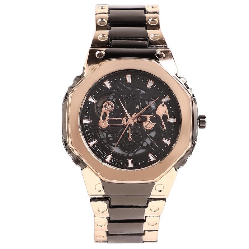 French Accent Men's The Vireo Round Watch | Obsidian Black:Rose Gold Stainless Steel Strap | Midnight Black Dial | One-Size | Foldover Closure | Quartz | Battery | Wrist Belt Watch for Men and Boys - Image 1