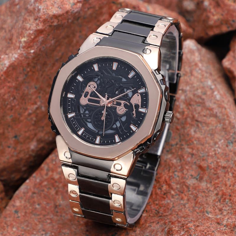 French Accent Men's The Vireo Round Watch | Obsidian Black:Rose Gold Stainless Steel Strap | Midnight Black Dial | One-Size | Foldover Closure | Quartz | Battery | Wrist Belt Watch for Men and Boys - Image 2