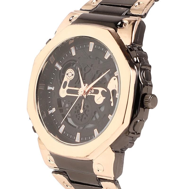 French Accent Men's The Vireo Round Watch | Obsidian Black:Rose Gold Stainless Steel Strap | Midnight Black Dial | One-Size | Foldover Closure | Quartz | Battery | Wrist Belt Watch for Men and Boys - Image 5