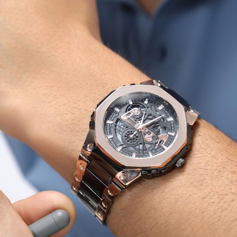 French Accent Men's The Vireo Round Watch | Obsidian Black:Rose Gold Stainless Steel Strap | Midnight Black Dial | One-Size | Foldover Closure | Quartz | Battery | Wrist Belt Watch for Men and Boys - Image 3