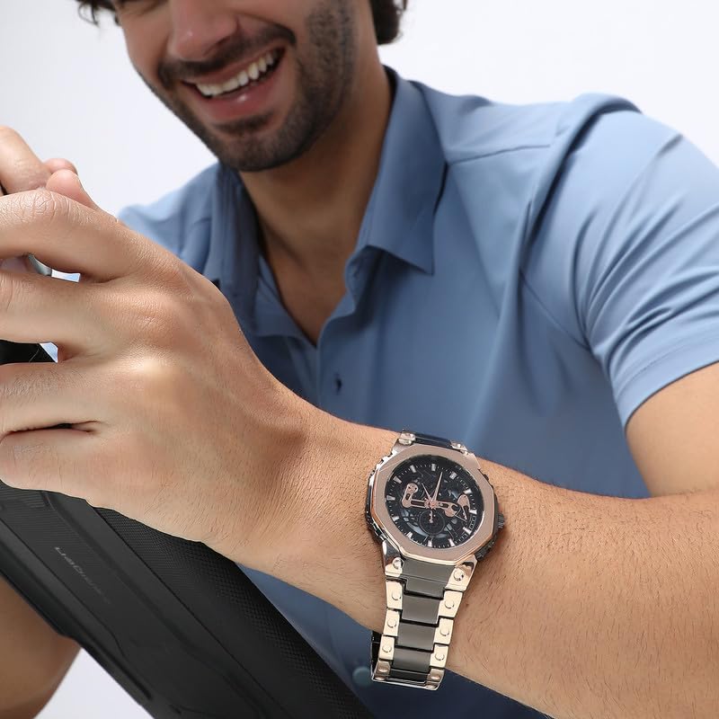 French Accent Men's The Vireo Round Watch | Obsidian Black:Rose Gold Stainless Steel Strap | Midnight Black Dial | One-Size | Foldover Closure | Quartz | Battery | Wrist Belt Watch for Men and Boys - Image 4