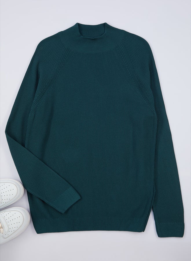 Green Slim Slim Fit Half Turtleneck Textured Knitwear Sweater