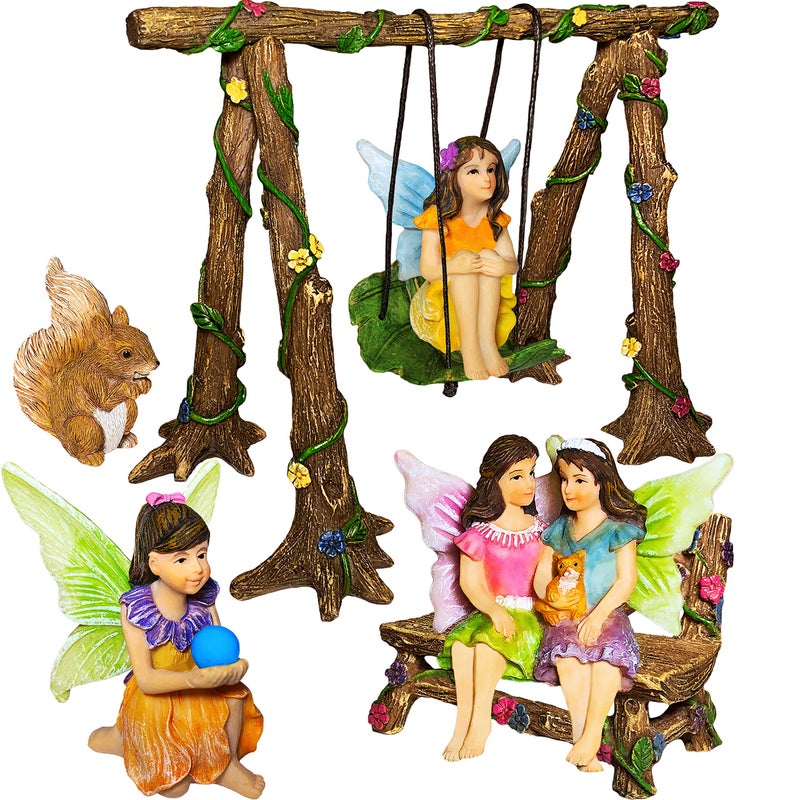 Mood Lab Fairy Garden  Accessories Kit with Miniature Figurines  Swing Set of 6 pcs  for Outdoor or House Decor