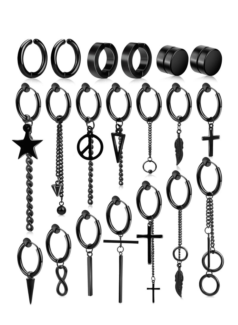 Barakah أقراط للرجال من الفولاذ المقاوم للصدأ الأسود، أقراط للرجال، أقراط دراسات، أقراط غير مثقوبة، مجموعة أقراط كروس للرجال والنساء مع صندوق هدايا (20 قطعة) - Image 5