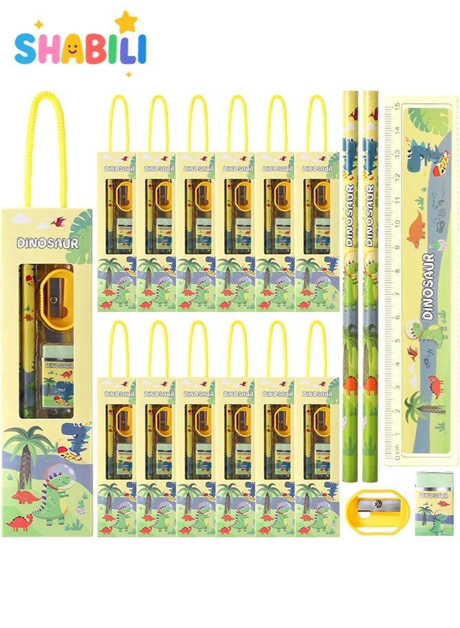 شبيلي مجموعة قرطاسية ديناصور (12 علبة) للأطفال، مستلزمات العودة إلى المدرسة مع أقلام رصاص وممحاة ومسطرة ومبراة، علبة هدايا للطلاب، مثالية لجوائز الصف وتوزيعات الحفلات للأولاد والبنات - Image 1