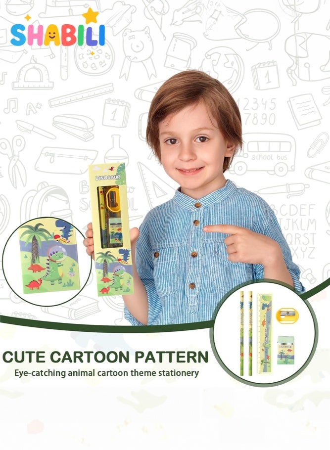 شبيلي مجموعة قرطاسية ديناصور (12 علبة) للأطفال، مستلزمات العودة إلى المدرسة مع أقلام رصاص وممحاة ومسطرة ومبراة، علبة هدايا للطلاب، مثالية لجوائز الصف وتوزيعات الحفلات للأولاد والبنات - Image 5