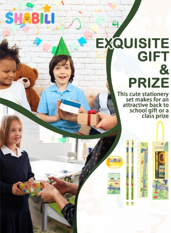 شبيلي مجموعة قرطاسية ديناصور (12 علبة) للأطفال، مستلزمات العودة إلى المدرسة مع أقلام رصاص وممحاة ومسطرة ومبراة، علبة هدايا للطلاب، مثالية لجوائز الصف وتوزيعات الحفلات للأولاد والبنات - Image 4