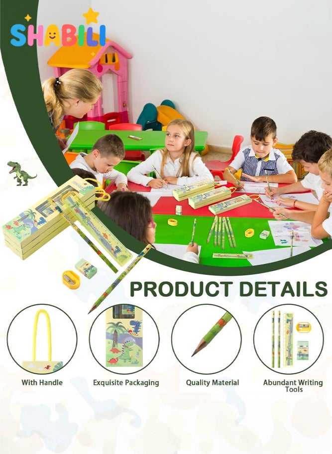 شبيلي مجموعة قرطاسية ديناصور (12 علبة) للأطفال، مستلزمات العودة إلى المدرسة مع أقلام رصاص وممحاة ومسطرة ومبراة، علبة هدايا للطلاب، مثالية لجوائز الصف وتوزيعات الحفلات للأولاد والبنات - Image 3