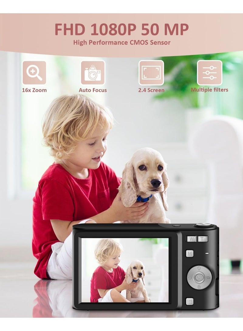 L&E Upgrade Digital Camera, Autofocus 50MP FHD 1080P Camera for Kids with 16x Zoom Anti Shake, Compact Camera for Kid Student Children Teen Girl Boy, Kids Camera with 32GB SD Card - Image 2