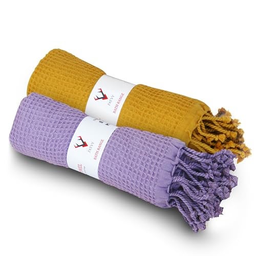 PATVY Bath Towels - 100% Cotton Waffle Weave Large Size Towels (75 x 150cm) - Quick Absorption &Faster Drying Bath Towel for Women & Men (Pack of 2, Lilac & Mustard Yellow) - Image 1