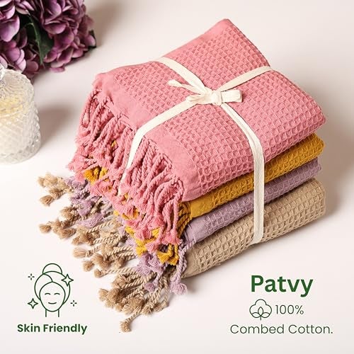 PATVY Bath Towels - 100% Cotton Waffle Weave Large Size Towels (75 x 150cm) - Quick Absorption &Faster Drying Bath Towel for Women & Men (Pack of 2, Lilac & Mustard Yellow) - Image 4