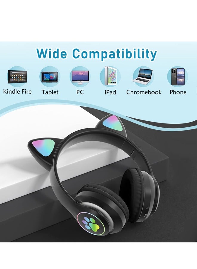 MIQIA Cat Ear Wired/Wireless Bluetooth Headphones with Built-In Microphone for Kids Light Up Bluetooth Foldable Headphones for Fun and Safe Listening Black - Image 2
