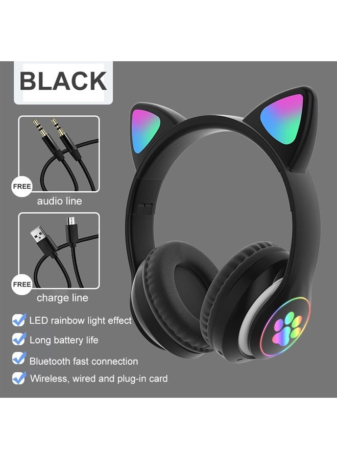 MIQIA Cat Ear Wired/Wireless Bluetooth Headphones with Built-In Microphone for Kids Light Up Bluetooth Foldable Headphones for Fun and Safe Listening Black - Image 5