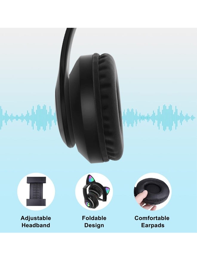 MIQIA Cat Ear Wired/Wireless Bluetooth Headphones with Built-In Microphone for Kids Light Up Bluetooth Foldable Headphones for Fun and Safe Listening Black - Image 3
