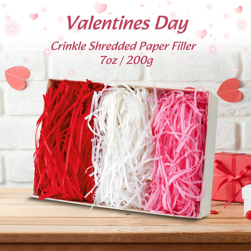 MARFOREVER Valentine's Day Shredded Paper Filler 200g/7oz Pink Red White Valentines Raffia Paper Grass Crinkle Cut Tissue Paper for Gift Wrapping Basket Box Filling Birthdays Wedding Party Supplies - Image 2