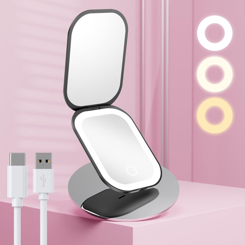 Benbilry Lighted Compact Travel Mirror with 3 Color Lights, 1X/3X Magnifying Ultra Slim Rechargeable Pocket Mirror for Purse, 2-Sided, Handheld, Folding, Portable, Black - Image 1