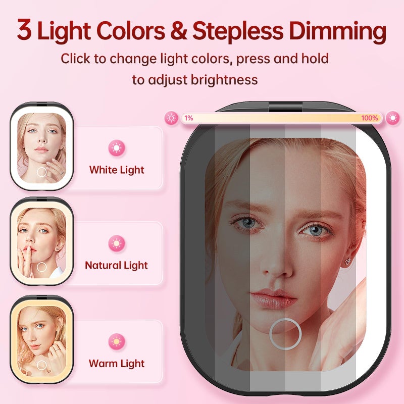 Benbilry Lighted Compact Travel Mirror with 3 Color Lights, 1X/3X Magnifying Ultra Slim Rechargeable Pocket Mirror for Purse, 2-Sided, Handheld, Folding, Portable, Black - Image 5