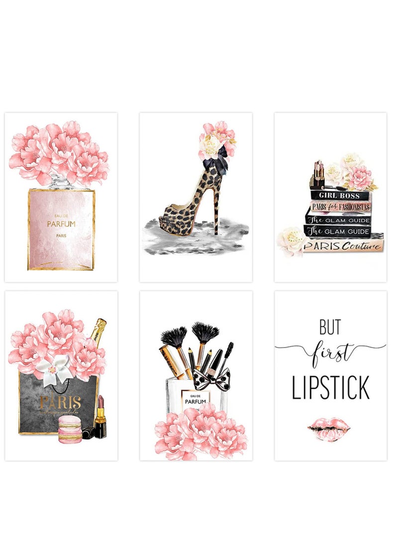 Excefore 6 قطع فنون جدارية نسائية غير مؤطرة، طباعة قماشية بمظهر عصري، حقائب يد بأحذية عالية وورود عطرية، لوحات صور للصالات والمكاتب، زينة بحجم 8x12'' - Image 1