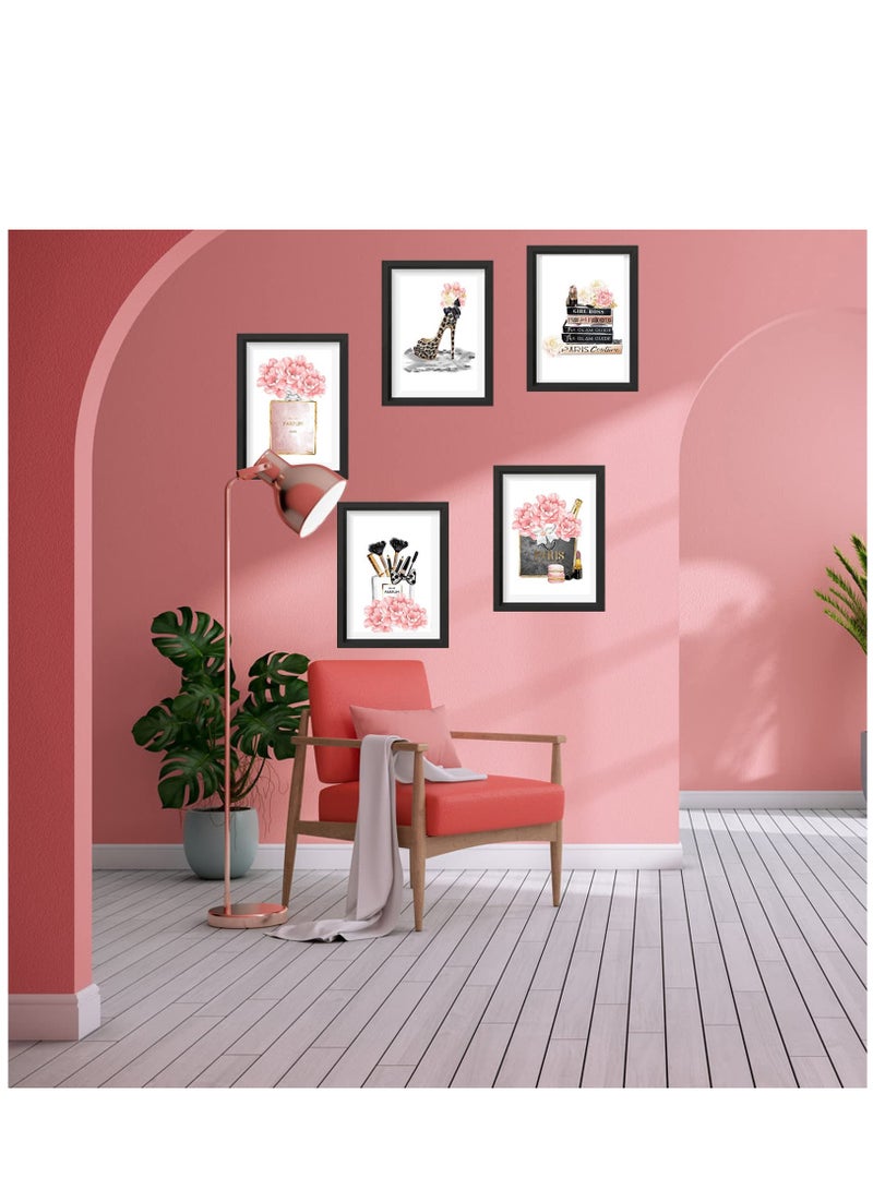 Excefore 6 قطع فنون جدارية نسائية غير مؤطرة، طباعة قماشية بمظهر عصري، حقائب يد بأحذية عالية وورود عطرية، لوحات صور للصالات والمكاتب، زينة بحجم 8x12'' - Image 5