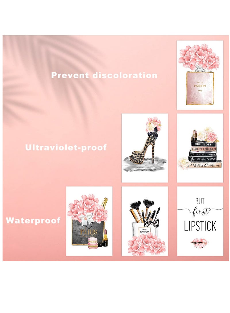 Excefore 6 قطع فنون جدارية نسائية غير مؤطرة، طباعة قماشية بمظهر عصري، حقائب يد بأحذية عالية وورود عطرية، لوحات صور للصالات والمكاتب، زينة بحجم 8x12'' - Image 2