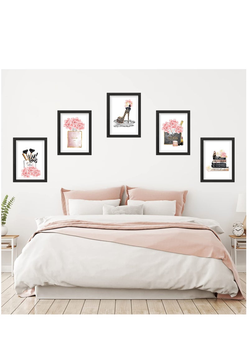 Excefore 6 قطع فنون جدارية نسائية غير مؤطرة، طباعة قماشية بمظهر عصري، حقائب يد بأحذية عالية وورود عطرية، لوحات صور للصالات والمكاتب، زينة بحجم 8x12'' - Image 4