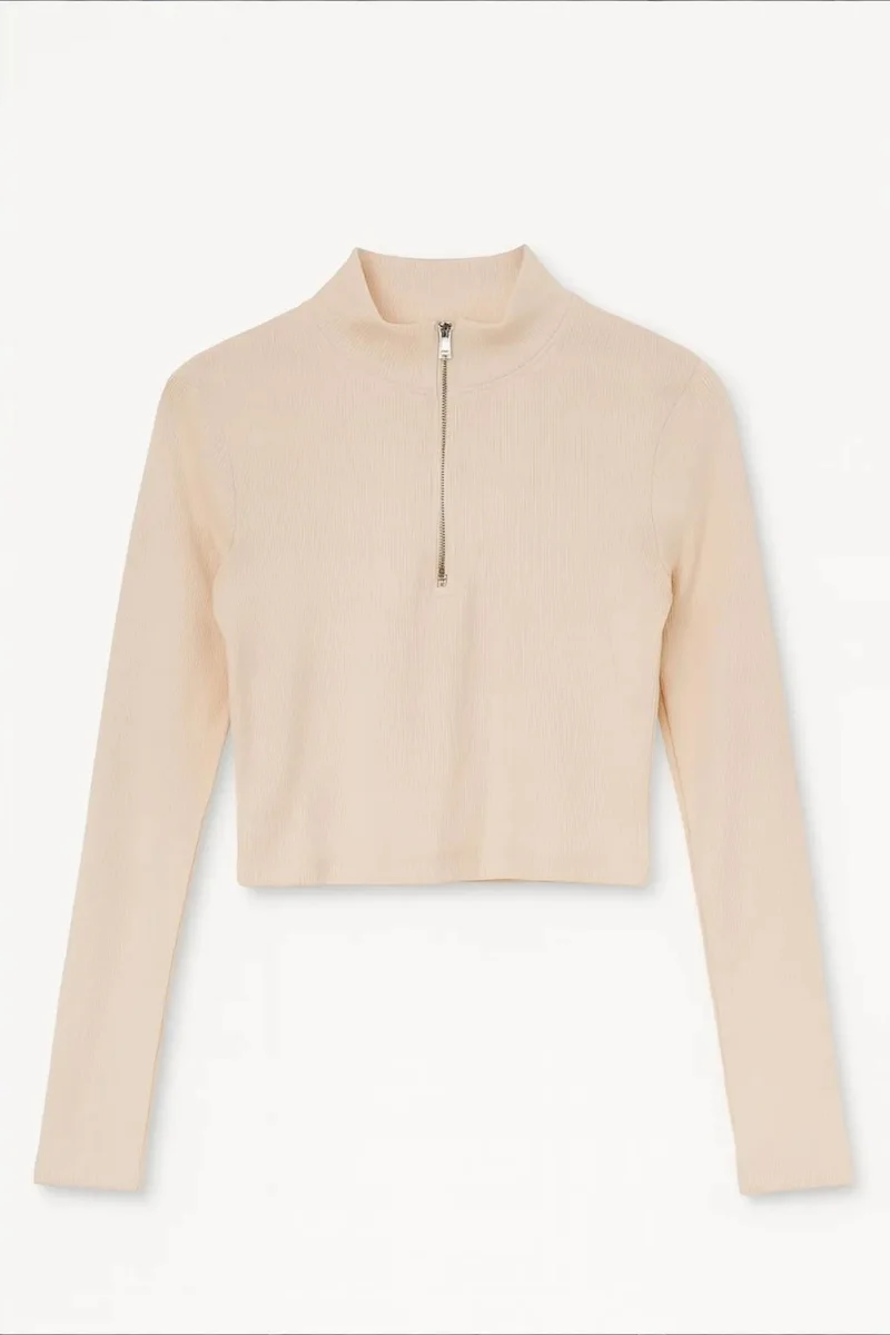 ميكسراي MIXRAY Women’s Ribbed Zip-Collar Crop Blouse