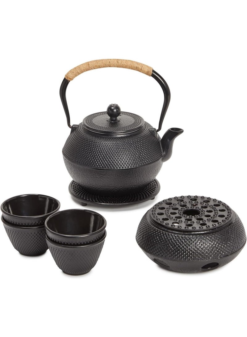 Bukela Cast Iron Tea Kettle for Stovetop - Japanese Tea Set with Warmer, Trivet, Infuser and 4 Teacups, Hobnail Design (1200 ml Black, 7 Pieces) - Image 1