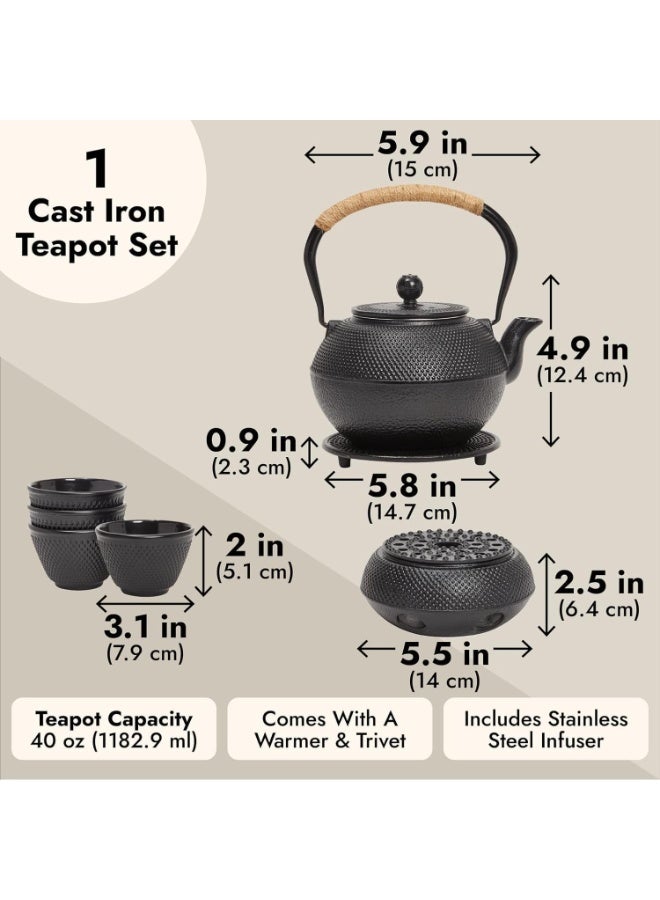 Bukela Cast Iron Tea Kettle for Stovetop - Japanese Tea Set with Warmer, Trivet, Infuser and 4 Teacups, Hobnail Design (1200 ml Black, 7 Pieces) - Image 4