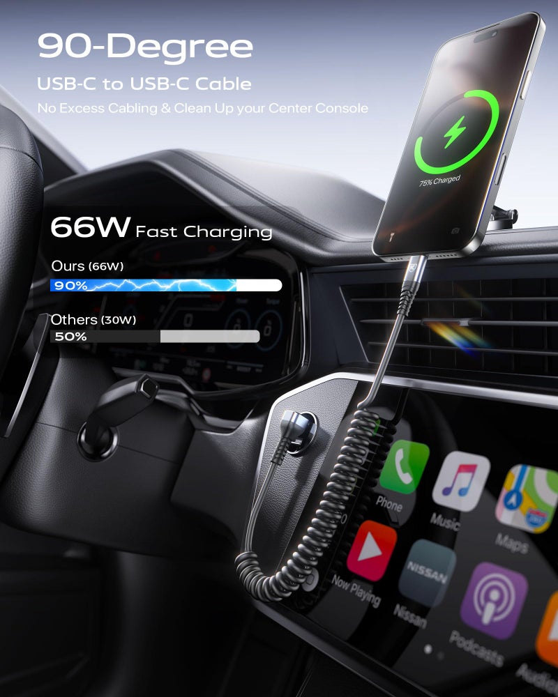 KIYODA USB C to C Cable for CarPaly/Android Auto, [3FT, 2-Pack] 90 Degree USB C Cable, Coiled USBC to USBC Cable 3A Fast Charging, Right Angle Type C Cord for iPhone 17/16/15/Pro Max/Galaxy S23 and More - Image 3