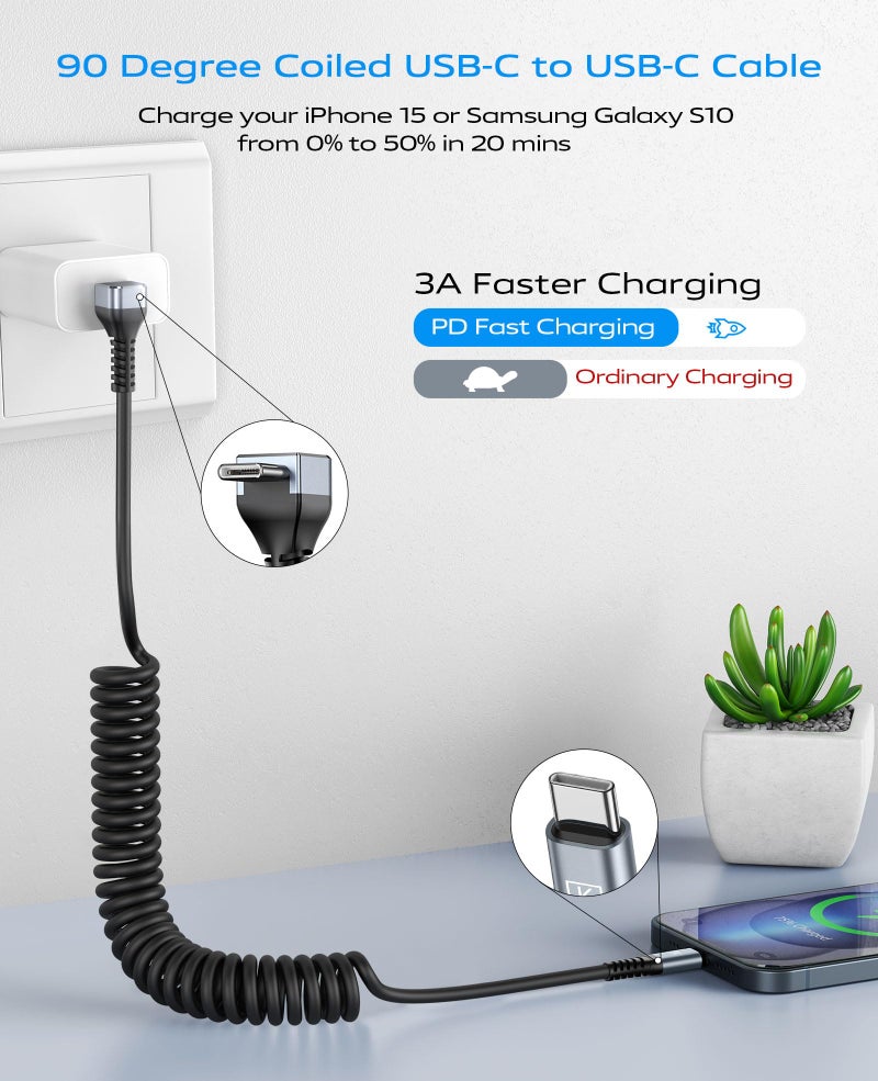 KIYODA USB C to C Cable for CarPaly/Android Auto, [3FT, 2-Pack] 90 Degree USB C Cable, Coiled USBC to USBC Cable 3A Fast Charging, Right Angle Type C Cord for iPhone 17/16/15/Pro Max/Galaxy S23 and More - Image 2