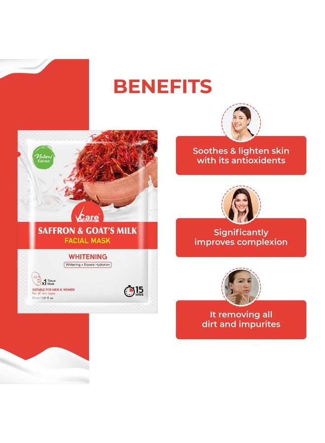 VCare Fairness Sheet Facial Mask Skin Care Mask For Glowing Skin & Tan Removal; Brightening Face Wash For Dry Skin (Saffron & Goat - Image 4