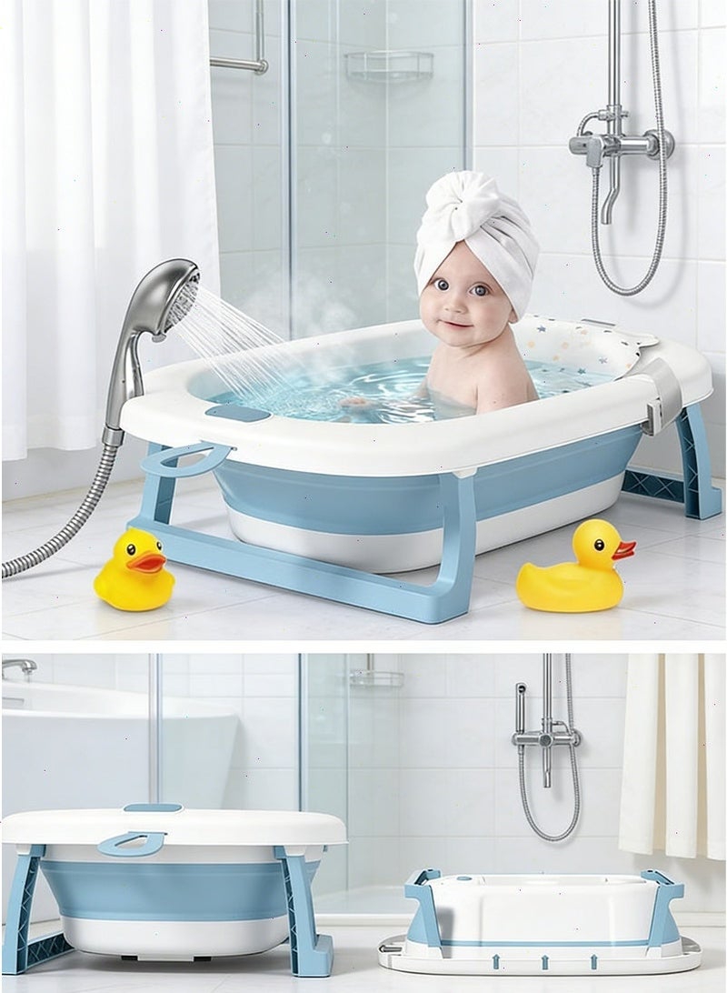 يواوليتي حوض استحمام قابل للطي للأطفال مع سجادة استحمام وفتحة تصريف وأرجل دعم مانعة للانزلاق لحمام الأطفال، سرير استحمام للأطفال حديثي الولادة للجلوس والاستلقاء بأمان (أزرق) - Image 1
